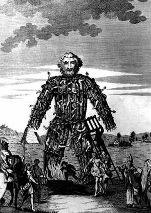 An 18th century illustration of a wicker man used by the Druids for human sacrifice  (wikipedia)