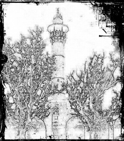 A tall slender tower, typically part of a mosque, with a balcony from which a muezzin calls Muslims to prayer.